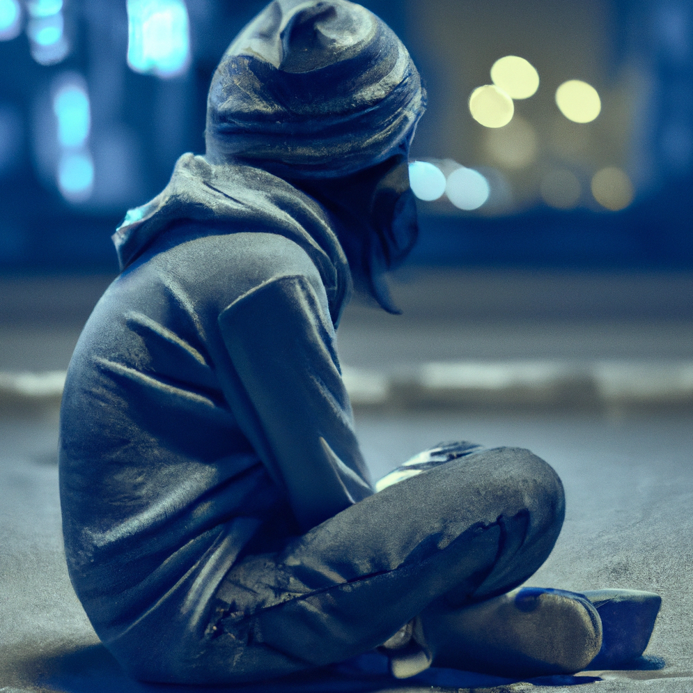 DALL·E 2022-11-04 12.11.18 – Homeless teen sitting on the city street at night in winter from behind
